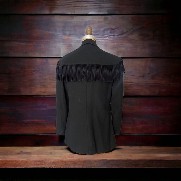Vintage Black Wool Blazer with Suede Fringe by Adolfo size 8 - Picture 4 of 7